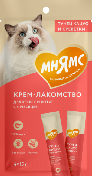 Мнямс крем - лакомство для кошек (с тунцом Кацуо и креветками), 4 шт*15 г