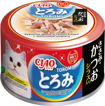 INABA CIAO Toromi для кошек (куриное филе с тунцом Кацуо и мальками ширасу), 80 г