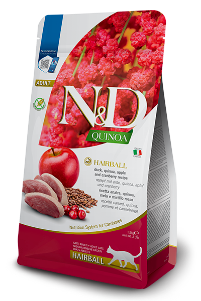 Farmina N&D Quinoa Hairball для кошек против образования комков (утка и яблоко), 1.5 кг