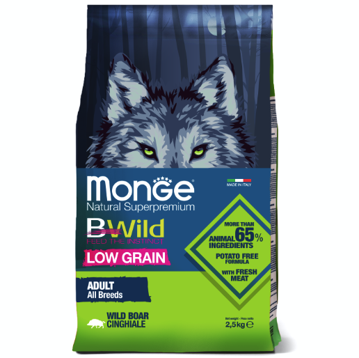 Monge BWild Low Grain для собак всех пород (с кабаном), 2.5 кг