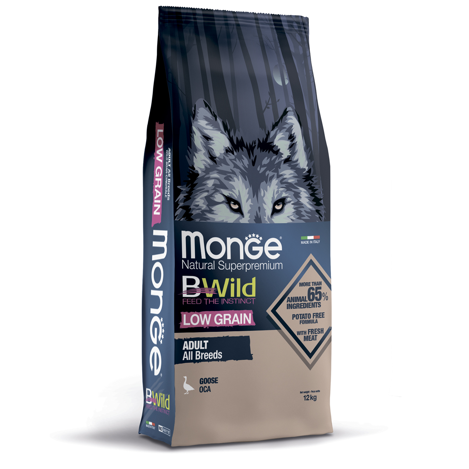 Monge BWild Low Grain для собак всех пород (с гусём), 12 кг