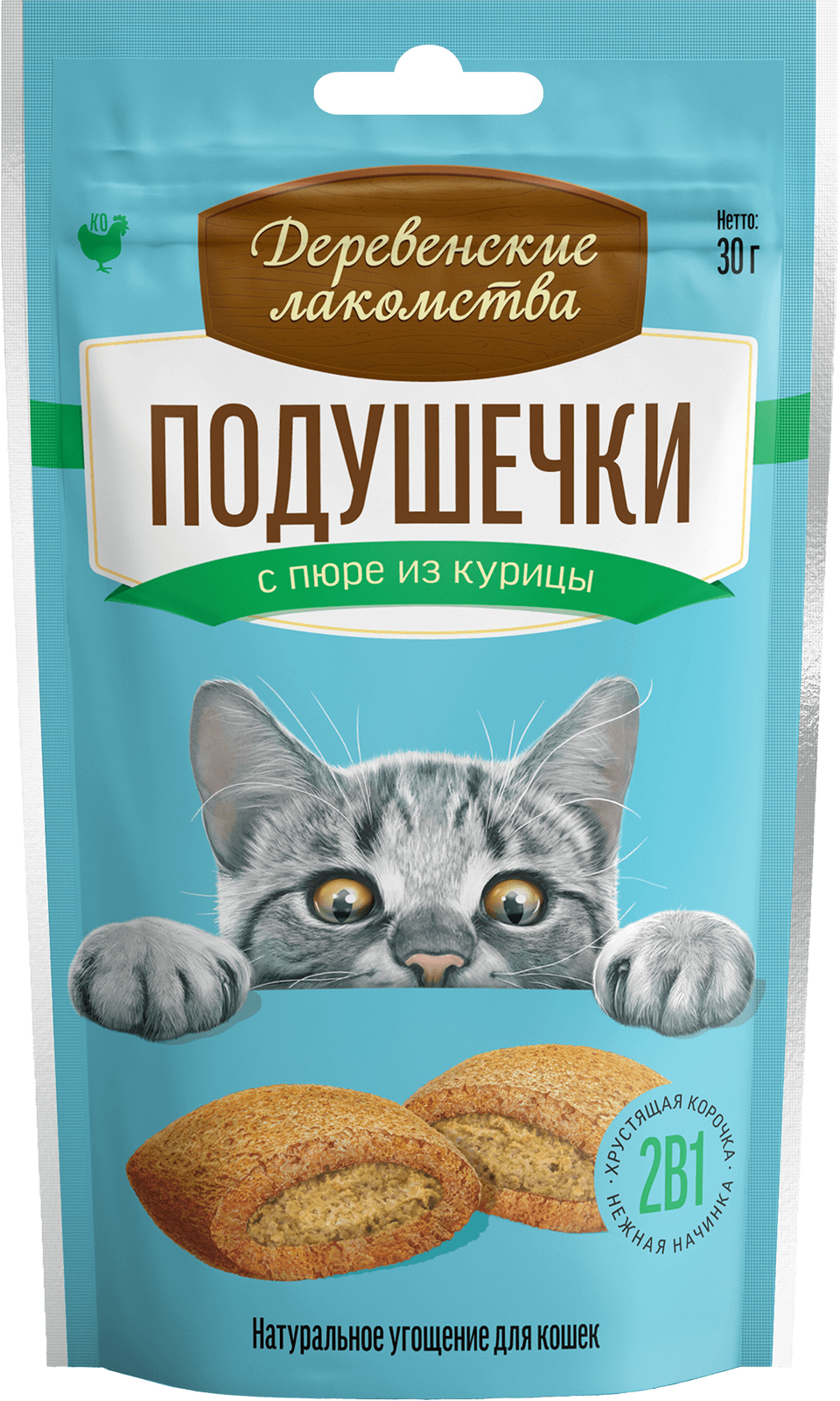 Деревенские лакомства Подушечки для кошек (с пюре из курицы), 30 г