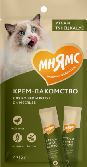Мнямс крем - лакомство для кошек (с тунцом Кацуо и уткой), 4 шт*15 г