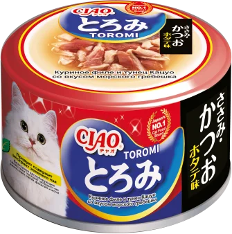 INABA CIAO Toromi для кошек (куриное филе с тунцом Кацуо и морским гребешком), 80 г