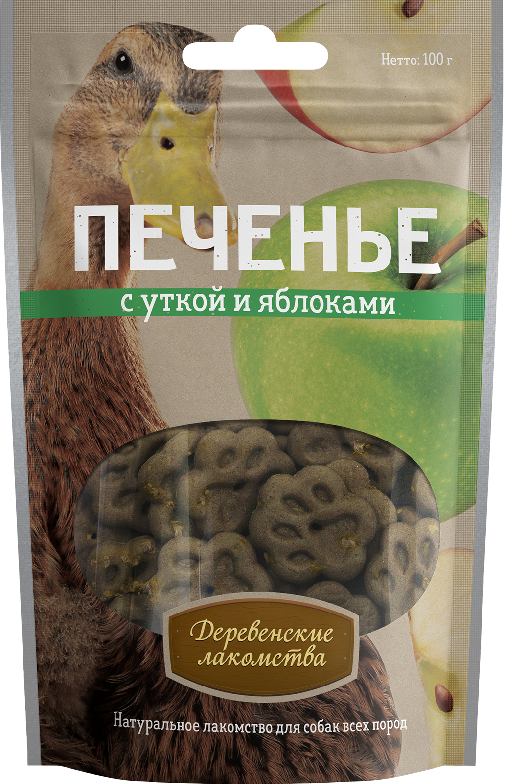 Деревенские лакомства для собак (печенье с уткой и яблоками), 100 г