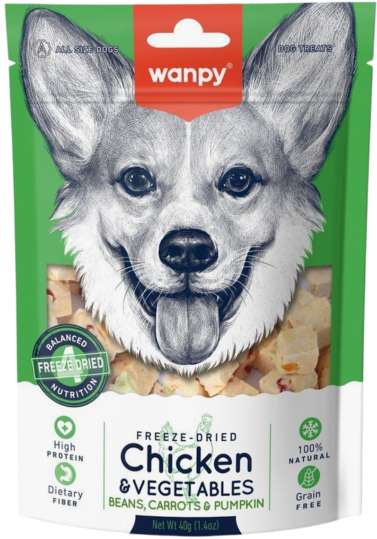 Wanpy Dog для собак (сублимированные кусочки курицы с овощами), 40 г