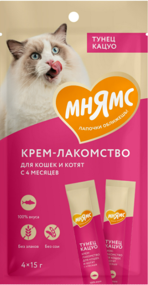 Мнямс крем - лакомство для кошек (с тунцом Кацуо), 4 шт*15 г