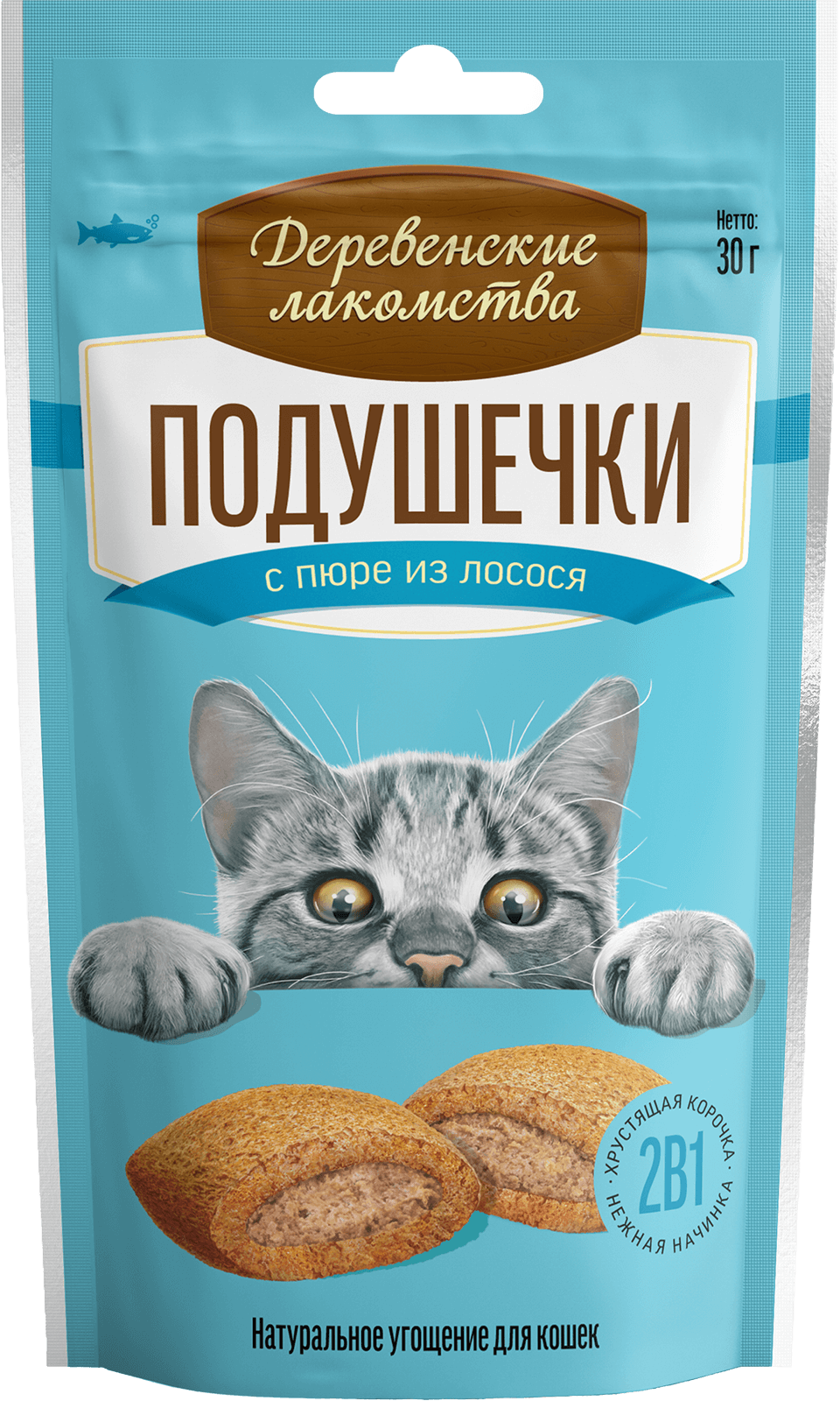 Деревенские лакомства Подушечки для кошек (с пюре из лосося), 30 г