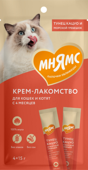 Мнямс крем - лакомство для кошек (с тунцом Кацуо и морским гребешком), 4 шт*15 г