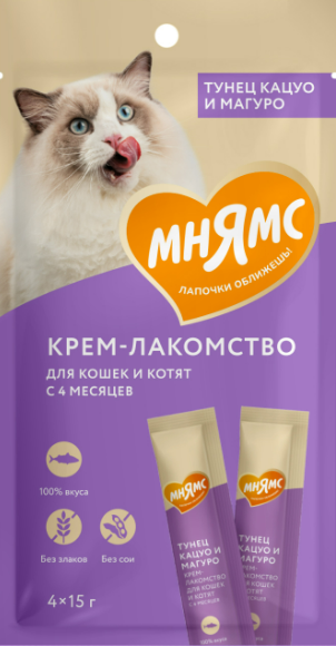 Мнямс крем - лакомство для кошек (с тунцом Кацуо и Магуро), 4 шт*15 г